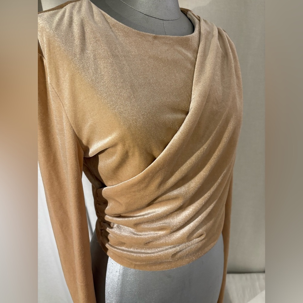 Flying Tomato Velvet Champagne Beige Ballet Wrap Blouse V neck Stretchy MED